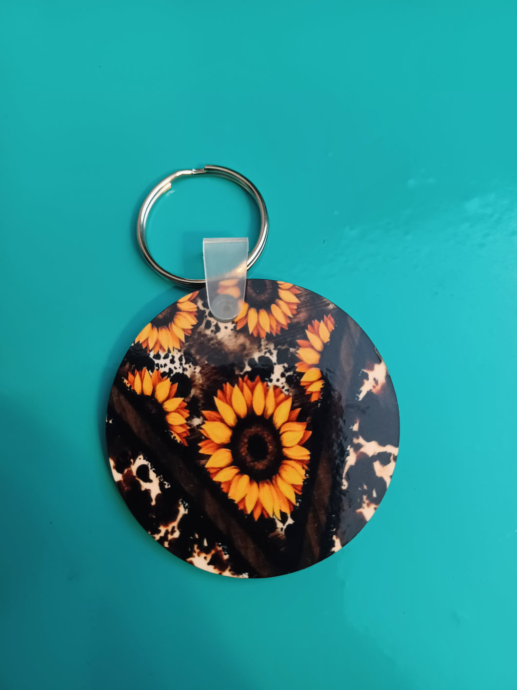 Cowhide with Sunflowers 2in Keychain