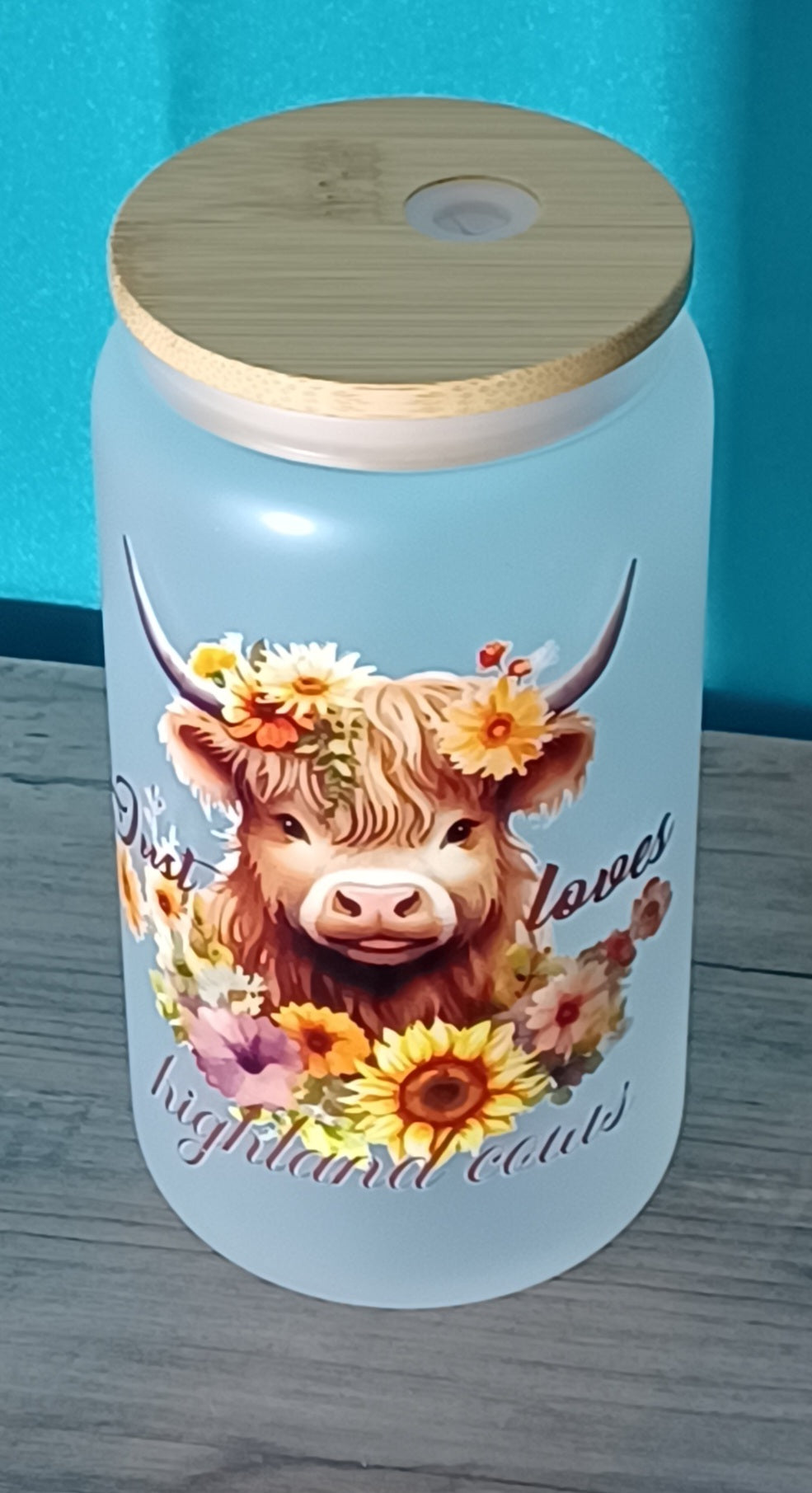 Just love Highland Cows Moocow with flowers Glass Cup R2S FROSTED