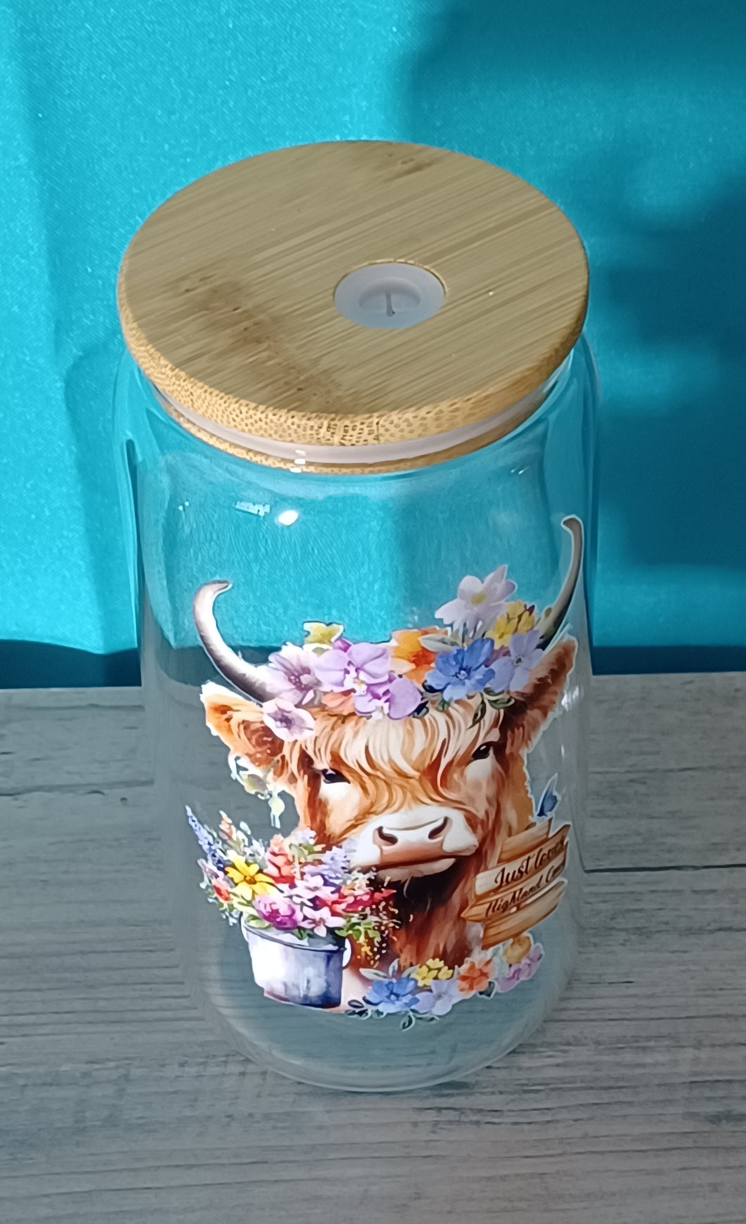 Just love Highland Cows Moocow with flowers Glass Cup R2S CLEAR