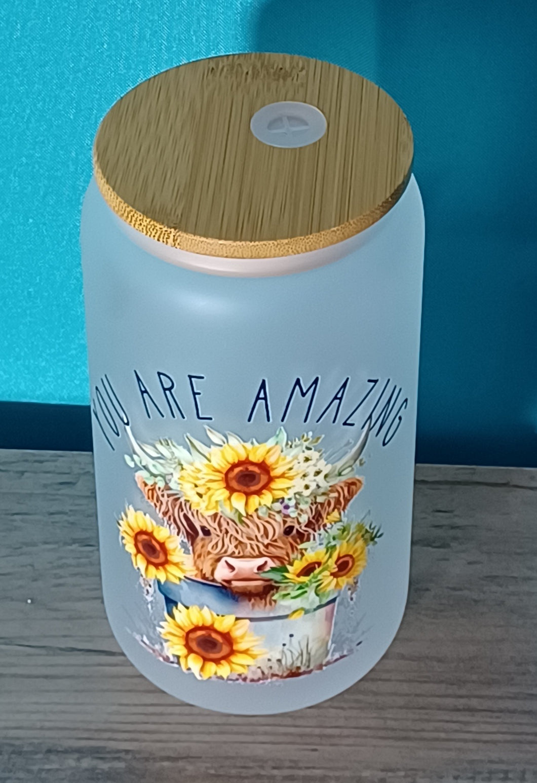 YOU ARE AMAZING Moocow with sunflowers around the face IN A BUCKET Glass Cup R2S FROSTED