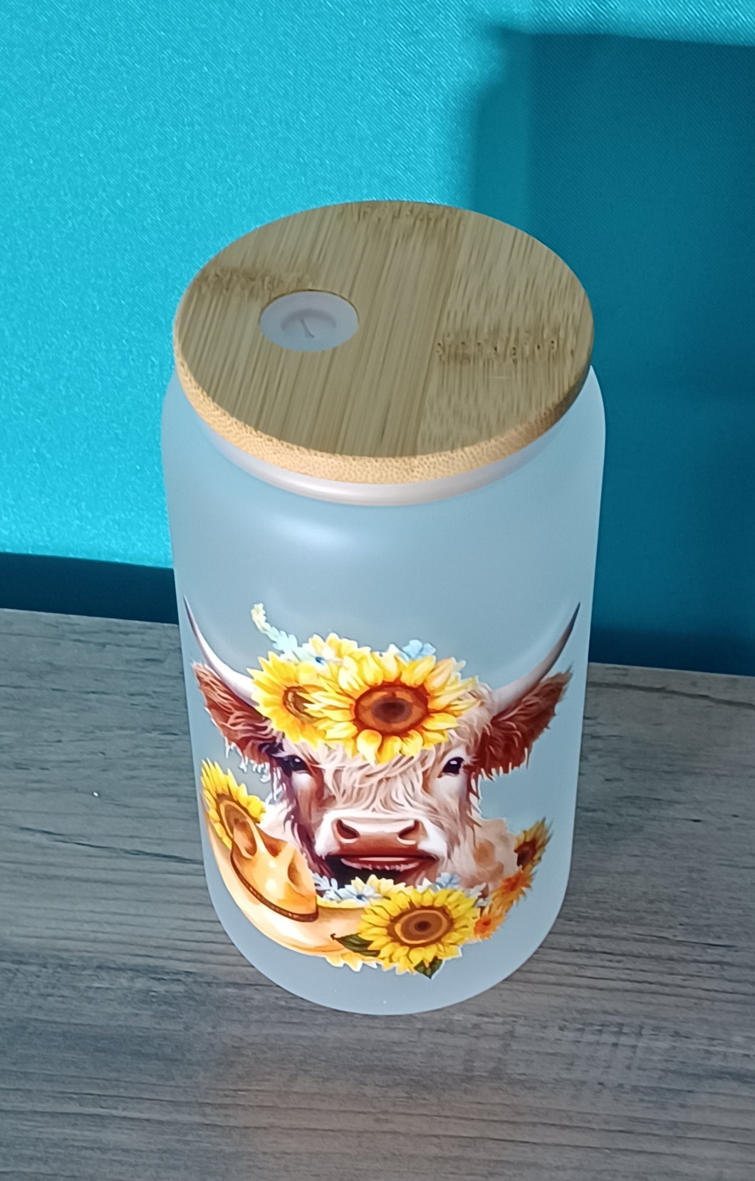 Moocow with Sunflwoers and Cowboy Hat Glass Cup R2S FROSTED