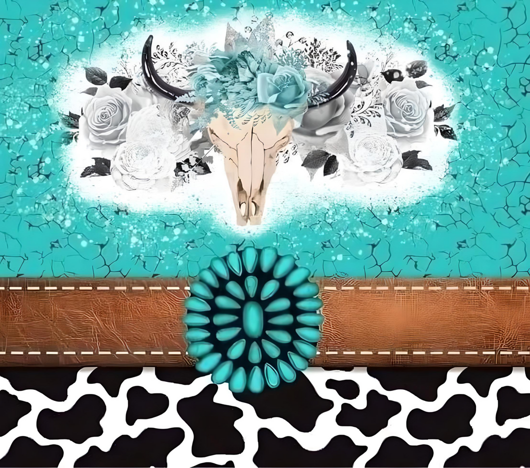 Teal Bullskull with cowprint Tumbler