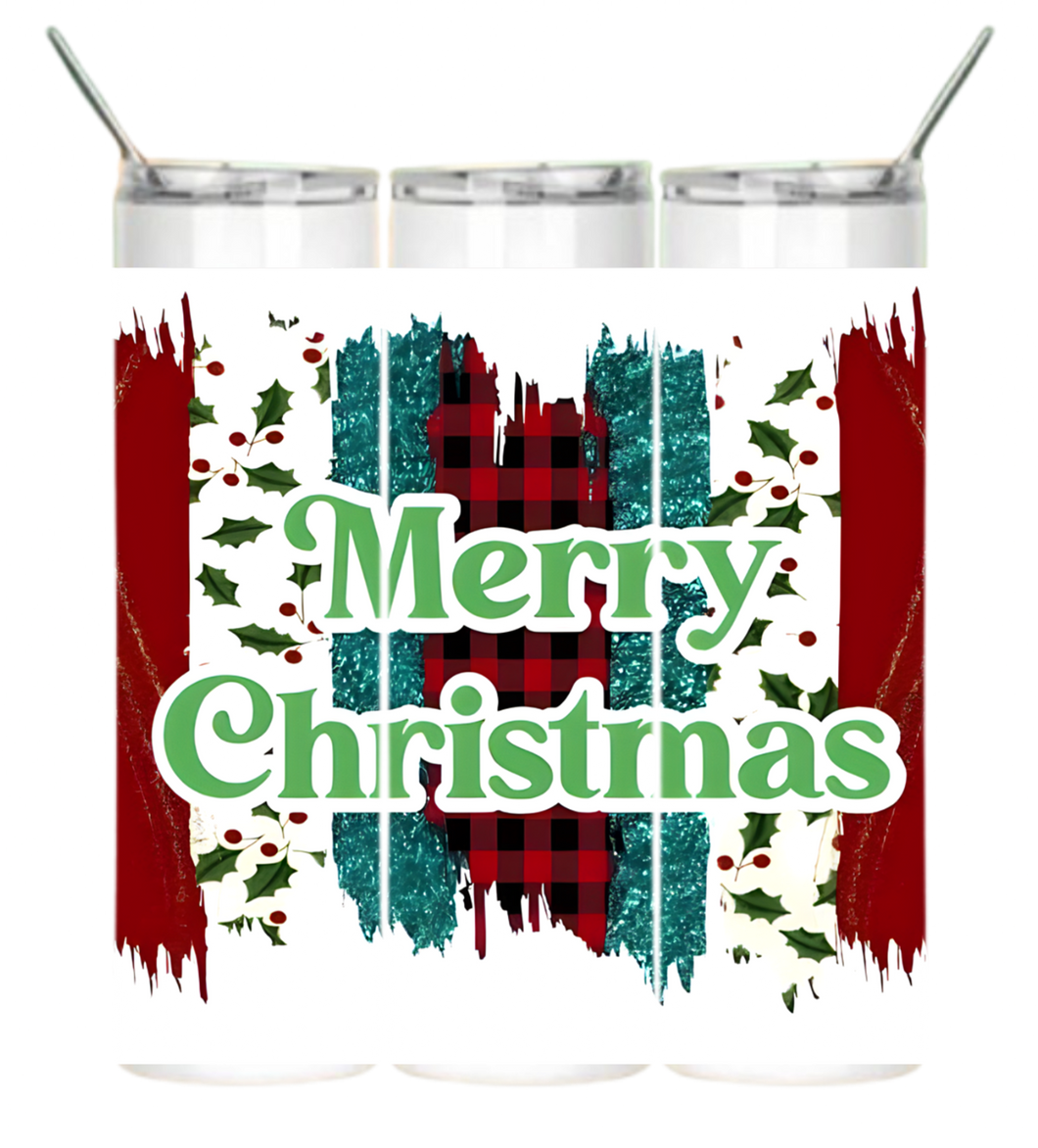 Merry Christmas teal stipes Tumbler