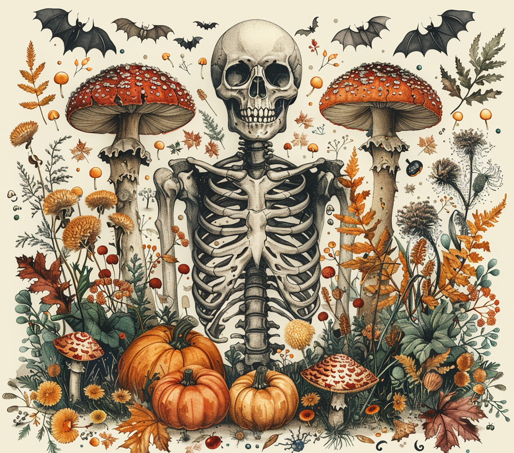 Witch and skeleton with mushrooms tumbler