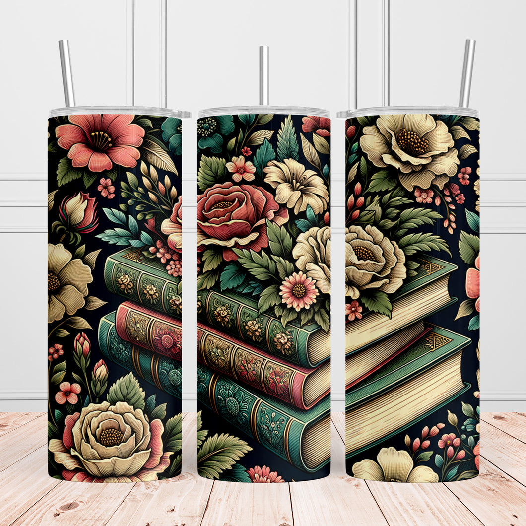 Books stacked with rosses tumbler