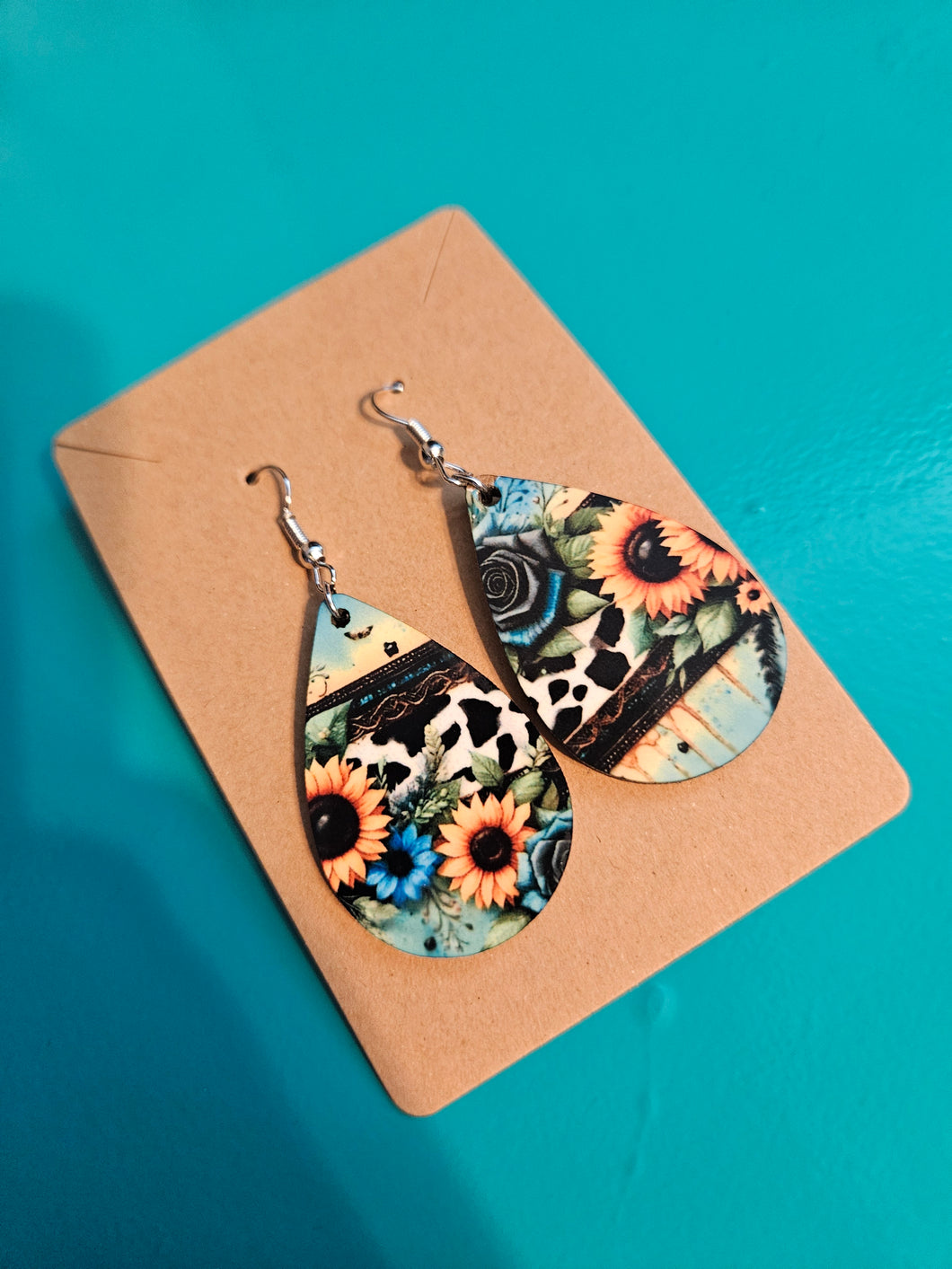 Teal with Cowprint with Sunflowers Earrings R2S