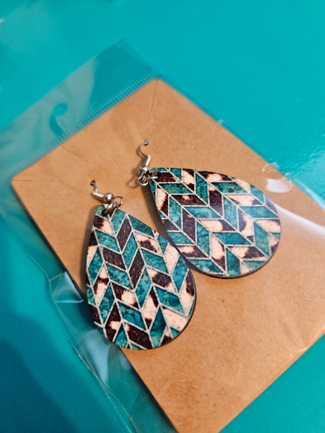 Teal and Brown Tangram Earrings R2S