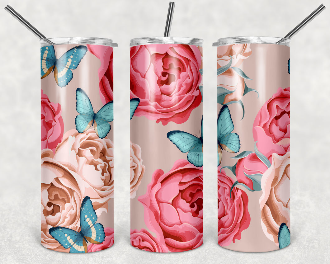 Blue Butterflies Pink/Cream Roses Tumbler