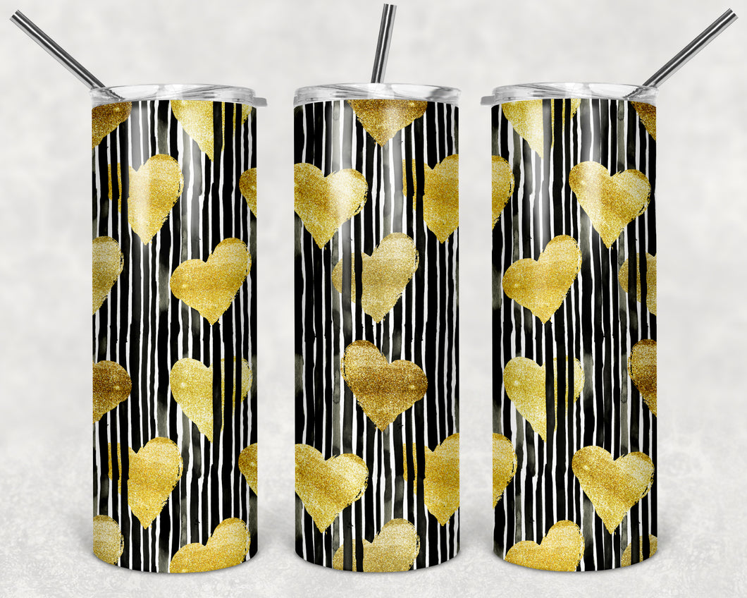 Black/White Stripes Gold Hearts Tumbler