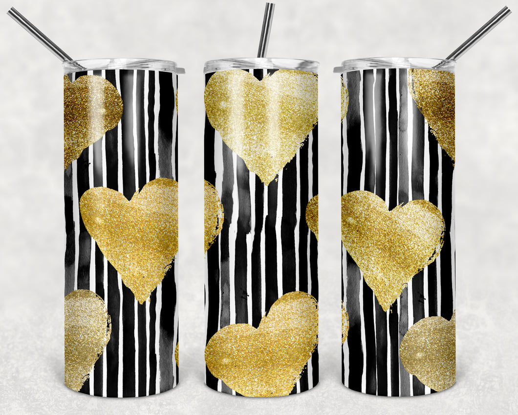 Black/White Stripes Gold Hearts Tumbler