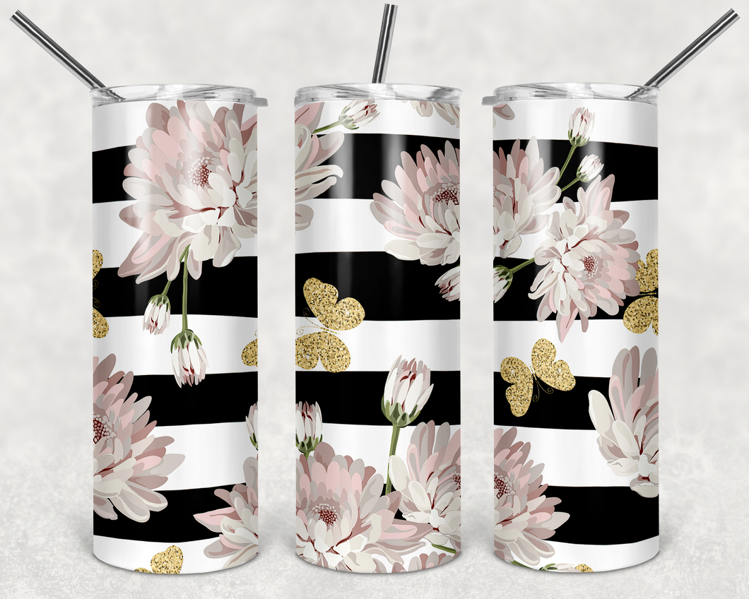 Black/White Stripes White Flowers Tumbler