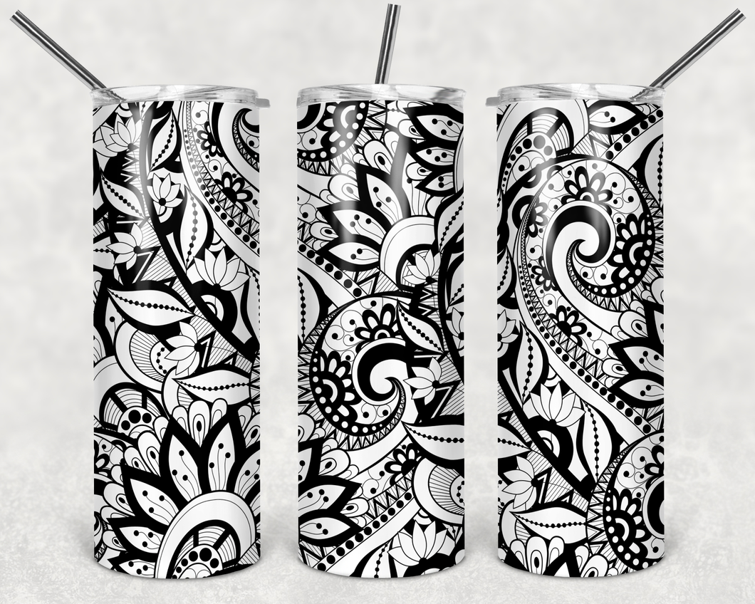 Black/White Flowery Design Tumbler