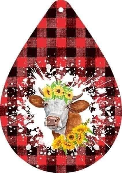 Cow with sunflowers on Buffalo Plaid Earrings