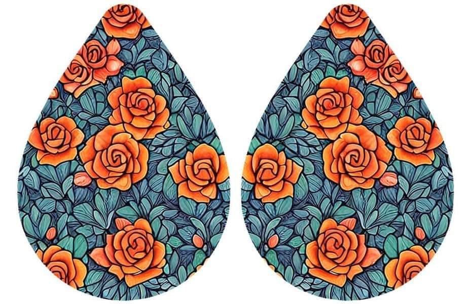 Teal Leaves with Orange Roses Earrings